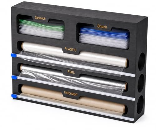 5-in-1 Cling Film Dispenser and Cutter Tin Foil Film Dispenser and Cutter, Foil Dispenser 40 cm Kitchen Roll Foil Organiser Storage Cling Film Cutter for Aluminum Foil Cling (Black 4Tier)