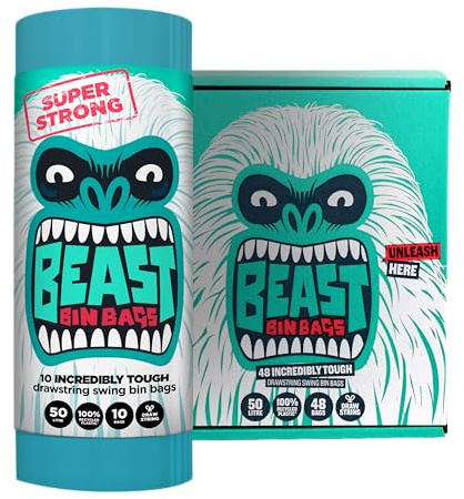 BEAST Bin Bags, 50L Strong, Drawstring, 100% Recycled Plastic (48 Bags) | Strong & Leak Resistant, Drawstring Closure, Ideal for Kitchen, Office & Household Waste, Monstrously Strong Swing Bags