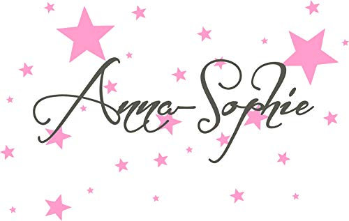 timalo® Wandtattoo Kinderzimmer mit Namen, 50 selbstklebende Sterne - für Mädchen und Jungen, Aufkleber Wunschname, Namensaufkleber, Farbwahl 73065+70016 (dunkelgrau/rosa, Breite Name 58 cm)