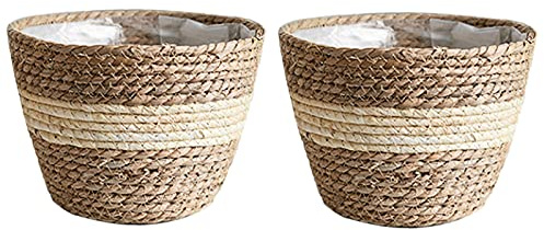 Koomuao 2er Set Korb Geflochten,Pflanzkorb Blumenkorb Geflochten Seegras Korb Pflanzenkörbe,Übertöpfe Blumentopf Geflochten für drinnen und draußen (B, Mittel)