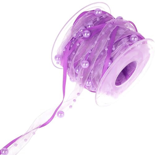 10m Perlengirlande mit Organza,8+3mm Perlenband,Geschenkband,Trendyband,Schleifenband,Dekoband Hängedeko Tischdeko Dekokette für Hochzeit Weihnachten Taufe Geburtstagsgeschenke,Violett