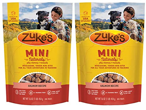 Zuke's Mini Naturals Dog Training Treats, Salmon Recipe, Soft Mini Dog Treats with Vitamins & Minerals, Made for All Breed Sizes (Salmon, 16 Ounce (Pack of 2)