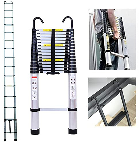 Escalera telescópica de Aluminio, 6,2 m, Plegable, Extensible con 2 Ganchos, Antideslizante, Multiusos, Capacidad de Carga de 150 kg, EN131, Color Plateado