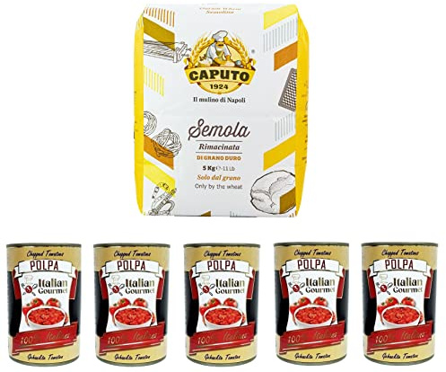 Paquete de prueba Caputo Il Mulino di Napoli Semola rimacinata di Grano Duro Durum fundición de trigo 5 kg y Italian Gourmet Polpa di pomodoro, pasta de tomate finamente picada, 5 x 400 g