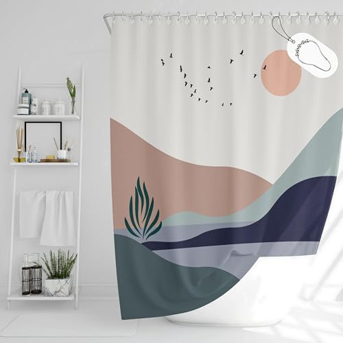 DROPHOP Boho Motiv Duschvorhang aus Textil 180x200 cm inkl. Edelstahl-Ringe, in bunten Pastell-Farben stabile Ösen, Wasserdicht, gewichteter Saum, Anti-schimmel, Waschbar