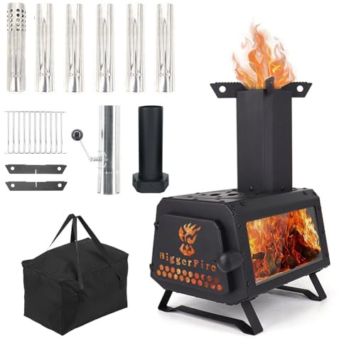 LEMVUZ Portable Wood Burning Camping Stove with Glass Window, Hot Tent Stove, 2-in-1 Cooking & Heating, 7 Chimney Pipes, X-shaped Pot Holder