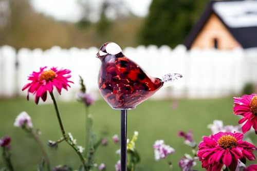 Gartenstecker mit Vogel - Handgefertigtes Glas - Rot - Vogel auf Stock - Gartendekorationen - Gartendeko für den Außenbereich - Gartendekor - Tiere für den Außenbereich