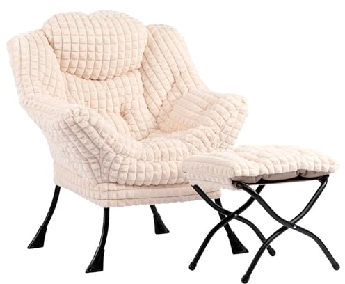 HollyHOME Sessel mit Hocker Wohnzimmer Ohrensessel mit Hocker Lesesessel Bequem Relax Sessel Schlafzimmer Loungesessel Armlehnensessel, Plüsch Beige
