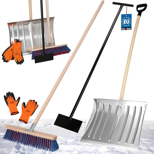 KOTARBAU® Kit pelle à neige avec lame en aluminium 39 x 50 cm, balai de route avec manche 150 cm, grattoir à glace 119 cm + gants, pelle à neige, pelle à neige, manche en bois pour déneigement