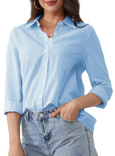 Blusa de Mujer con Cuello en V y Manga Larga Informal Botones Blusas y Camisas Mujer Lino de Algodón Elegante para Oficina Top de Trabajo Camisa Holgada