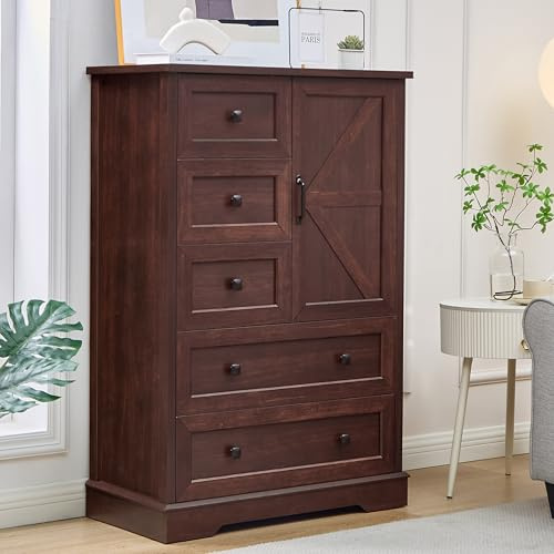 SOOWERY Dresser for Bedroom, Farmhouse Dresser with 5 Wooden Drawers and Storage Cabinet, 48 Inches Tall Chest of Drawers for Bedroom, Living Room, Hallway, Dark Cherry