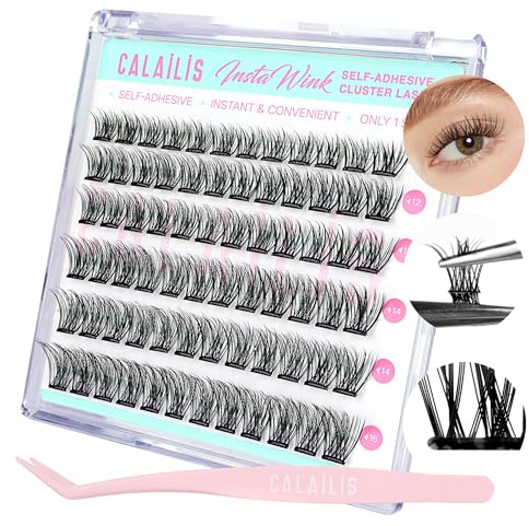 CALAILIS Selbstklebende Wimpern Extensions, 72Pcs D Curl Wispy Wimpern Selbstklebend Press on Lashes No Glue Needed Pre Kleber Wimperns Mit Pinzette (ZBP08X)