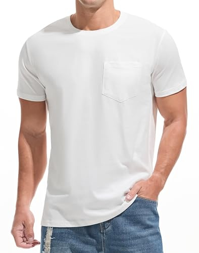 JEEGAL Herren T-Shirt 100% Baumwolle | Klassisches Rundhals-Shirt mit Brusttasche | Basic Kurzarmoberteil für Freizeit & Büro(White L)
