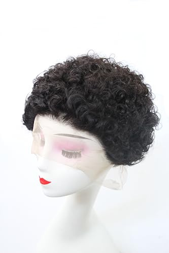Qiyazai 13 x 1 Lace Front Wig Short Culry Human Hair Perücke für Damen, natürlich, brasilianisch, lockig, kurz, Echthaar, 150% Dichte (1B, 6 Zoll（15cm）)