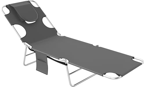Outsunny Chaise longue pliable avec trou de lecture, fentes pour les bras, dossier réglable à 5 positions, poche latérale, coussin pour jardin, plage, piscine, gris foncé