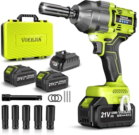 VOERJIA Akku Schlagschrauber 1000Nm, 21V Bürstenloser 1/2 Zoll Drehschlagschrauber mit 2×4.0Ah Akkus & Schnellladegerät, 5 Steckschlüssel, LED-Licht, für Reifenwechsel, LKW, Auto, Traktor