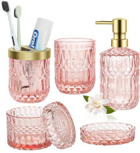 Set di accessori da bagno rosa, set di 5 dispenser di sapone da bagno, decorazione per accessori da bagno con dispenser per lozione, portaspazzolino, portasapone, bicchiere, barattoli di cotton fioc