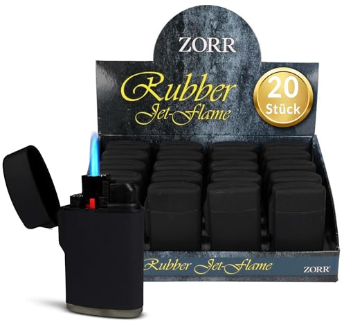 Zorr® Sturmfeuerzeug 20er Box Schwarz – Hochleistungs-Jetflame bis 1300 °C, Premium Soft-Touch Oberfläche, Windresistent, Nachfüllbar & Einstellbare Flamme, Outdoor, Camping (Schwarz 20er Box)