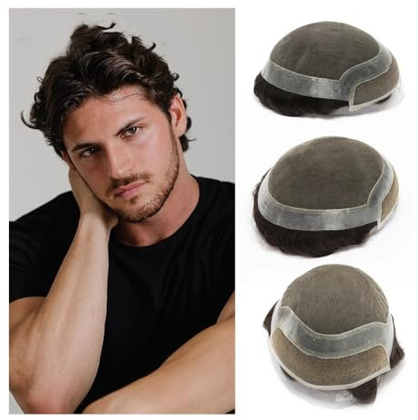 Tupé de aspecto natural para hombre Peluca frontal de encaje blanqueado, peluquín de Hollywood for hombres, pelucas de cabello humano de encaje suizo transpirable for hombres, peluquín, sistemas de pr