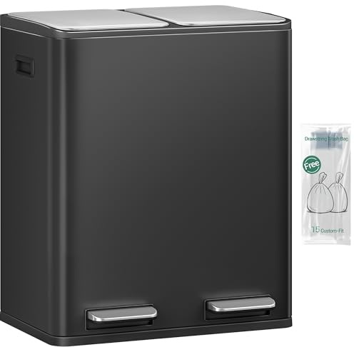 Hzuaneri Papelera Cocina Reciclaje, Doble Compartimento con Pedal Cubos de Basura 60L (2 x 30 L), Sistema de Separación de Residuos, 15 Bolsas Exclusivas, Negro SW06099B