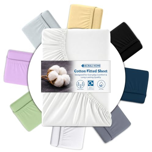 Acrali Home White Egyptian Cotton Double Fitted Sheet 137x190 cm - 200 Thread Count, Deep Pocket - Ultra Soft Hotel Quality, Breathable & Hypoallergenic Bottom Bed Sheet