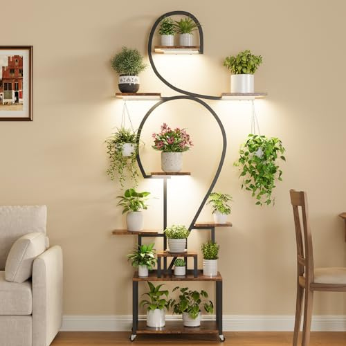 HAUSPROFI 190cm Pflanzenständer mit Wachstumslicht - 9 Ebenen Blumenständer, Metall Holz Pflanzenregal, Innen & Außen Blumentreppe Dekoratives Blumenregal für Indoor Garten, Schwarz