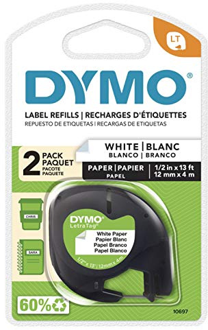 DYMO 10697 Selbstklebendes Papierband für LetraTag Etikettierer, 1,27 cm, Weiß, 3-Fuß-Rolle, 2 Stück Papier 2-roll pack Schwarzes Bild auf Weiß