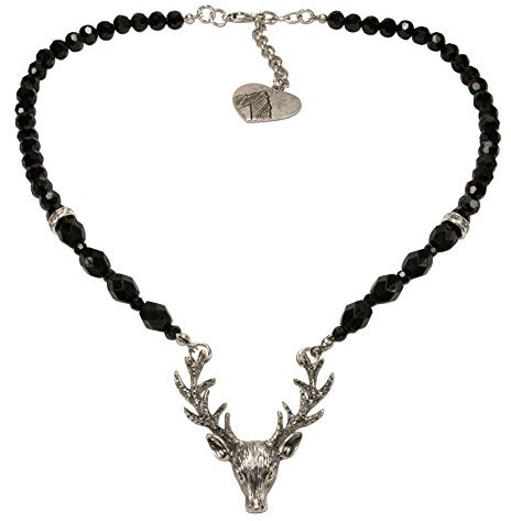 Alpenflüstern Perlen-Trachtenkette Hirsch - Damen-Trachtenschmuck mit Hirsch-Geweih, elegante Dirndlkette (schwarz) DHK203