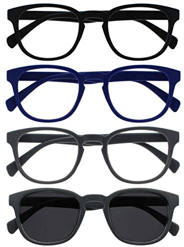 OPULIZE POP Lesebrille für Damen und Herren mit Lesesonnenbrille - 5er Pack - Lustige Runde Brille Matt - Getönte Gläser mit UV400 - Federscharniere - Schwarz Blau Grau Grau Sonnenbrille +2.50