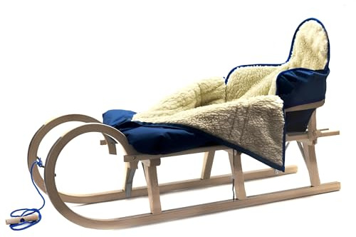 Holzfee Baby-Schlitten Hörnerschlitten 120 cm mit Lehne + Leine + Fußsack (Qualität) Farbauswahl (Granatblau)