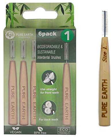 Pure Earth Essentials - Spazzole interdentali in bambù, biodegradabili, manico organico con setole morbide per una pulizia profonda tra denti e gengive (misura 1, 0,4 mm)