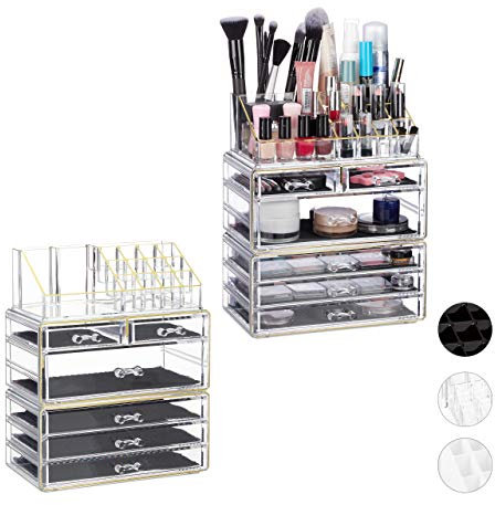 Relaxdays 2 x Kosmetikorganizer mit 6 Schubladen, je 22 Fächer Make Up Organizer, Schmink-Aufbewahrung Acryl, transparent/Gold