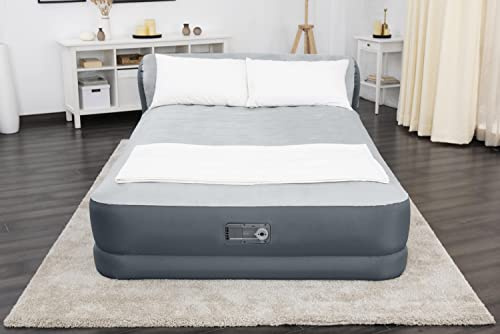 SLEEPLUX Materasso ad aria queen con testiera, super morbido e confortevole, molto resistente e resistente, materasso ad aria rialzato con pompa integrata e caricatore USB (229 x 152 x 74 cm), grigio