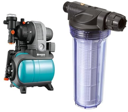 Gardena Classic Hauswasserwerk 3000/4 eco: Hauswasserpumpe mit Thermoschutzschalter, max. Fördermenge 2800 l/h) & Pumpen-Vorfilter für Wasserdurchfluss bis 6000 l/h