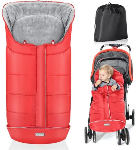 Orzbow Fußsack Kinderwagen Winter, Fußsack Buggy Fusssack Kinderwagen Baby Winter mit Wamres Korallen-Fleece, Reißverschluss, Anti-Rutschschutz & Reflektorstreifen, Universelle & Wasserdicht, Rot