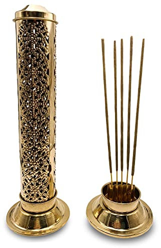Quemador de Incienso (incensario) diseño cenefas en Latón Dorado - 27 cm de Alto, Base 8 cm y Tapa 5 cm - Peso 155 g. Soporte Incienso Puede Contener hasta 5 barritas de Incienso.