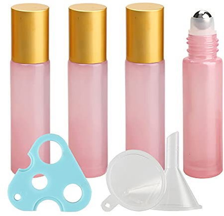 TIANZD 4 Pcs, 10ml Empty Pink Glass Essential Oil Roller Bottles with Gold Screw Cap Stainless Steel Rollerball Roll on Bottles Bottle for Essential Oil Perfume, 1x Funnel 1x Opener