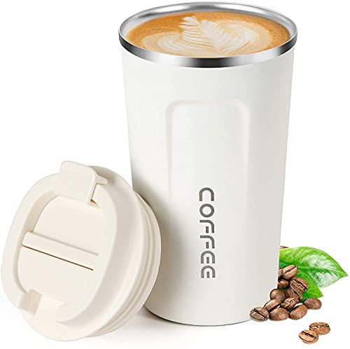 Insulated Coffee Cup, Senelux Double Walled Insulated Stainless Vacuum Coffee Travel Mug with Leakproof Flip for Keep Hot/Ice Coffee, Tea and Beer 18oz (510ml) Cream