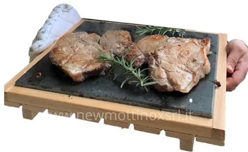 Pietra Lavica Siciliana S, Dimensioni 22x30x1H cm, Con Supporto Legno Faggio, Estraibile, Piastra Refrattaria per Cucinare