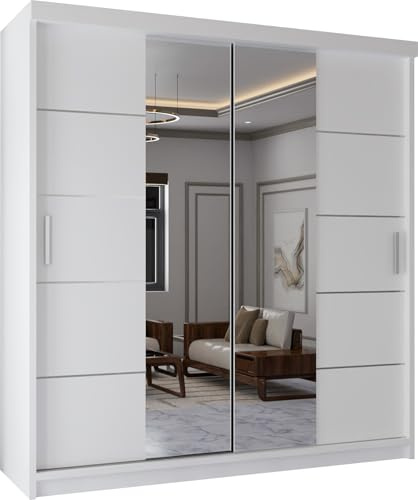 MN Furniture Modern Double Sliding Door Wardrobe 2 Mirrored Hanging Rails & Shelves Storage Cabinet for Bedroom (120cm, Lisbon White)