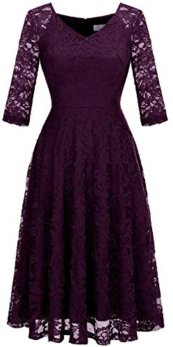 Dressystar Robe de Soirée Cocktail Femme Midi Dentelle Manche Longue sous Genou Robe de Mariage Invitée Col en V Glamour et Chic Violet M