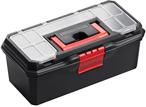 Jazooli 13 Heavy Duty Small Plastic Tool Box - Multiple Compartment Toolbox Organiser with Removable Tote Tray - Tool Chest Storage Box, 7 Compartment Box for Fixings, Hand Tools