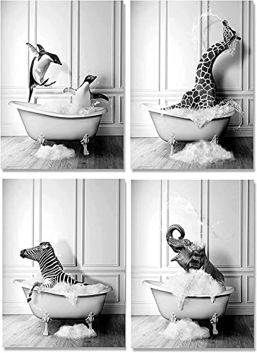 ZFTCN Noir et Blanc Mignon, Image Animale, Animaux dans la Baignoire Mur d'art Impressions drôles de Salle de Bain Images sur Toile Poster décor à la Maison,sans Cadre(30 x 40 cm x 4 pièces)