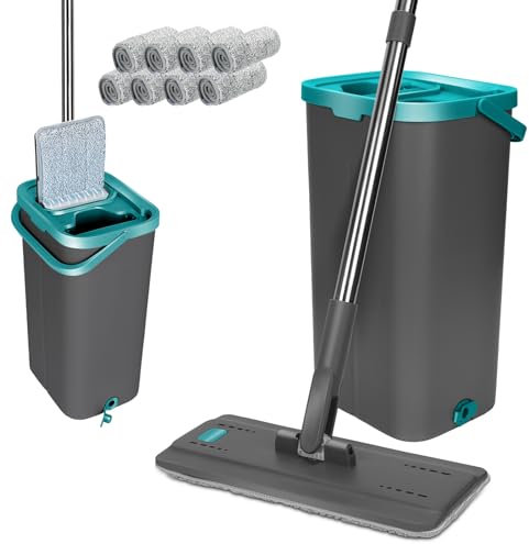 Masthome Mocio Lavapavimenti e Secchio Strizzatore, Mocio Piatto in Microfibra con 6 Panni Riutilizzabili, Mocio con Secchio Autopulente, Mop Pavimenti per Parquet Legno, Grigio