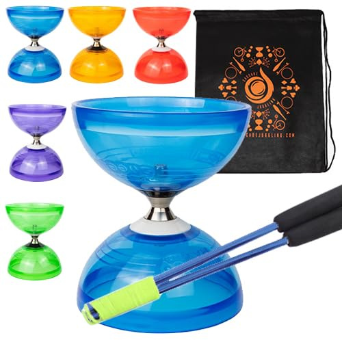 Jumbo Hurricane Pro Ensemble de diabolo à triple roulement avec bâtons en aluminium en métal, corde de diabolo et sac de transport en cascade (bleu avec baguettes bleues)