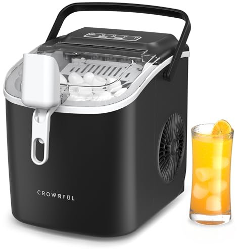 CROWNFUL - Máquina de hielo portátil con asa, pala y cesta, 9 cubitos de hielo en 6 minutos, 26 lb/24h, ideal para hogar, cocina, oficina, bar, fiesta