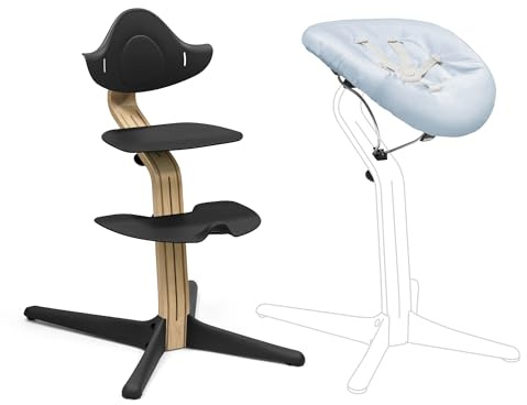 Stokke Nomi Stuhl (Oak Black) mit Newborn Set (Black/Grey Blue) - Inklusive 5-Punkt-Sicherheitsgurt und wendbarem, waschbarem Textilset - Bis 150 kg belastbar