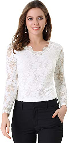 Allegra K Top de Blusa de Encaje de Manga Larga Transparente con Bordado Floral para Mujer Blanco XXL
