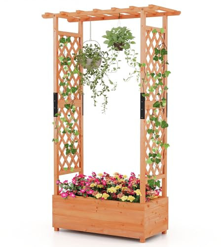 TANGZON Raised Garden Bed with Arch Trellis, Freestanding Ground Garden Planter Box, Outdoor Vertical Trough Planter Container for Vine Climbing Plant Flower Herb (Orange, 110 x 44 x 180 cm)
