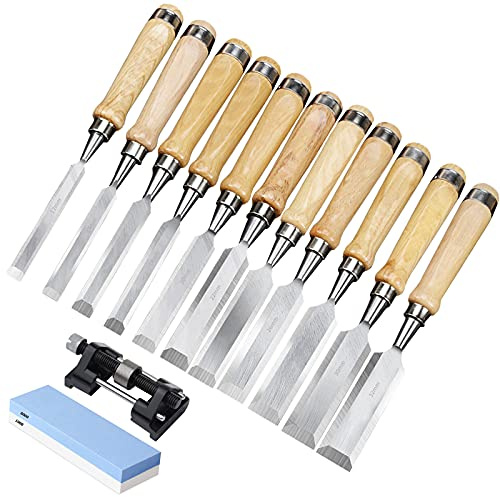 Woodworking 11 Pcs Wood Chisel Set Premium Wood Carving Chisels with Sturdy Cr-V Steel Blades and Wood Handle Woodworking Tools with Honing Guide and Sharpening Stone(Size:11 Set) (11 Set)
